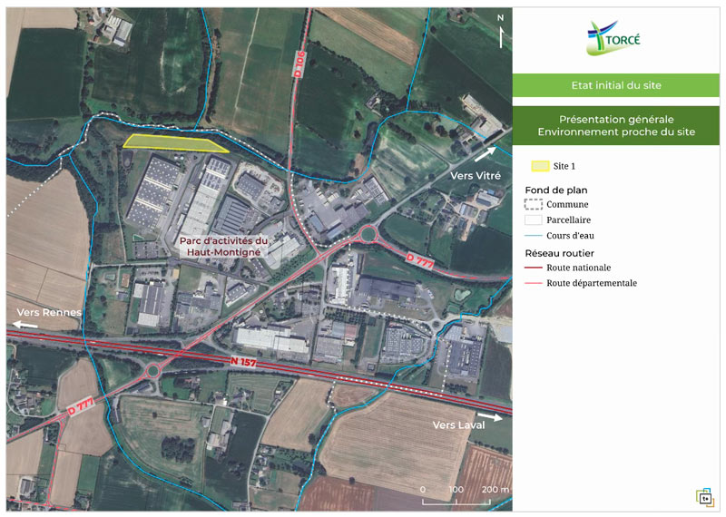 Localisation du site du projet d’implantation de panneaux photovoltaïques, PLU de Torcé par Territoire+.